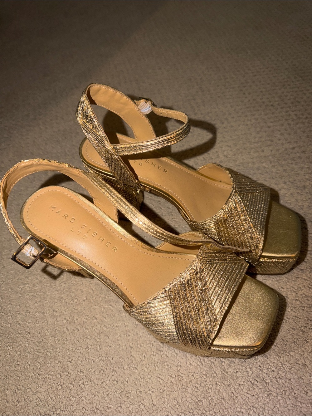 Marc Fisher Metallic Gold Strappy Block Heel Sandals
